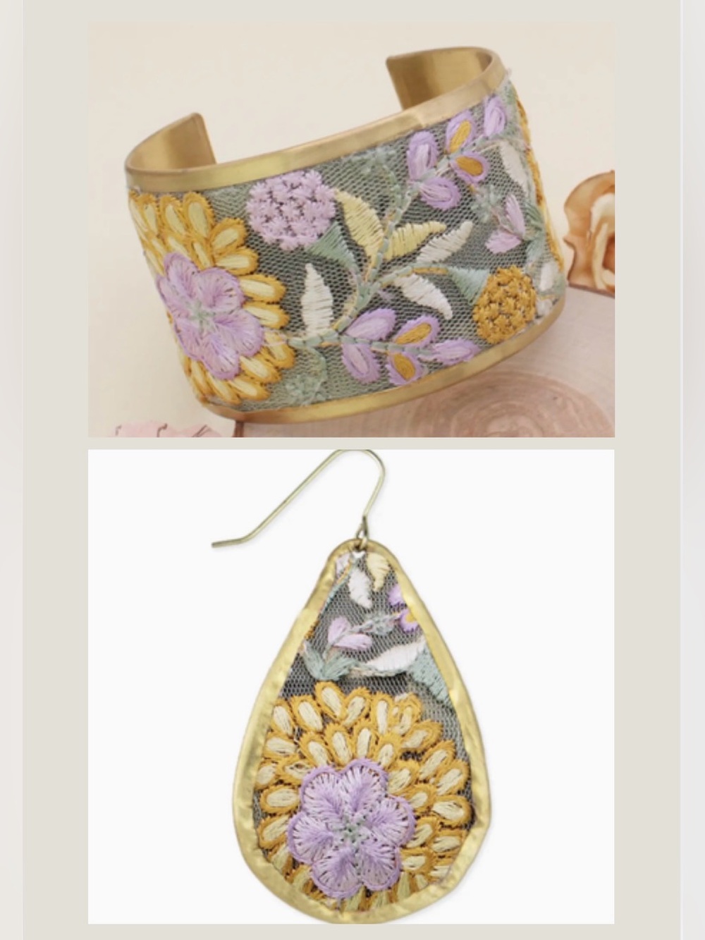 ZAD Embroidered Floral Cuff Bracelet and Drop Earring Set - Lavender & Mustard